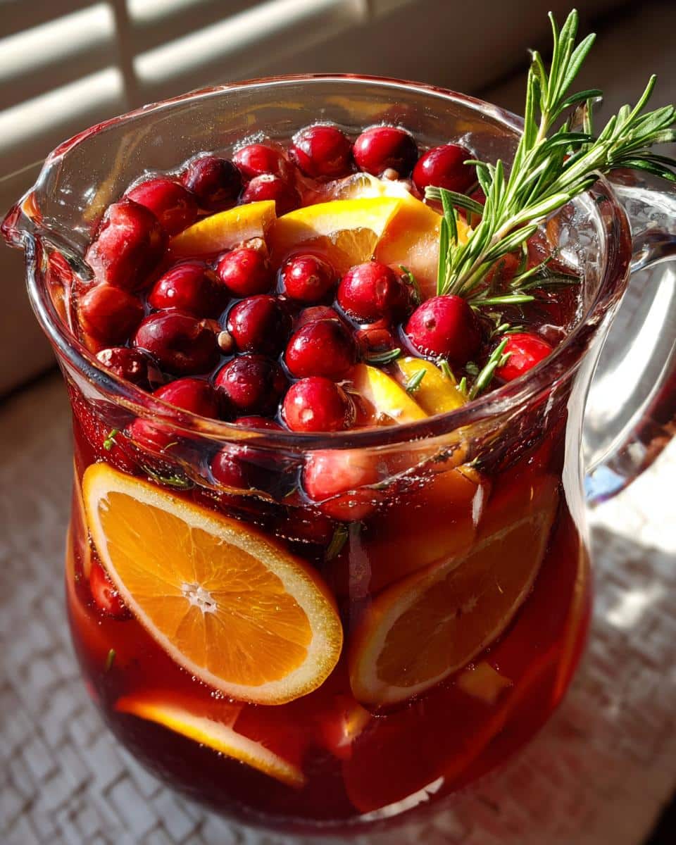 Pitcher of winter mocktail non alcoholic with cranberries, orange slices, and rosemary sprig.