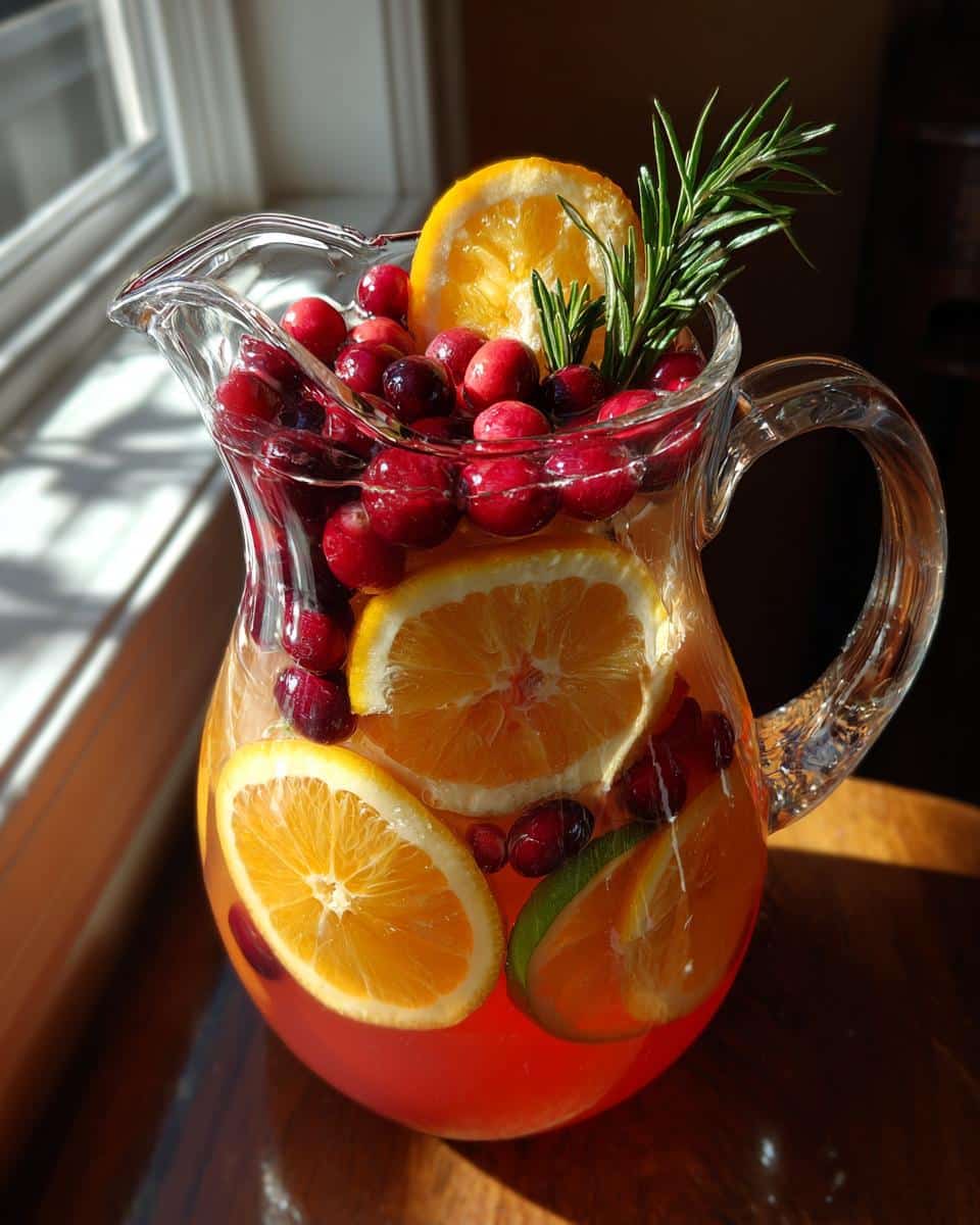 Pitcher filled with a winter mocktail non alcoholic, featuring cranberries, orange slices, and rosemary sprigs.