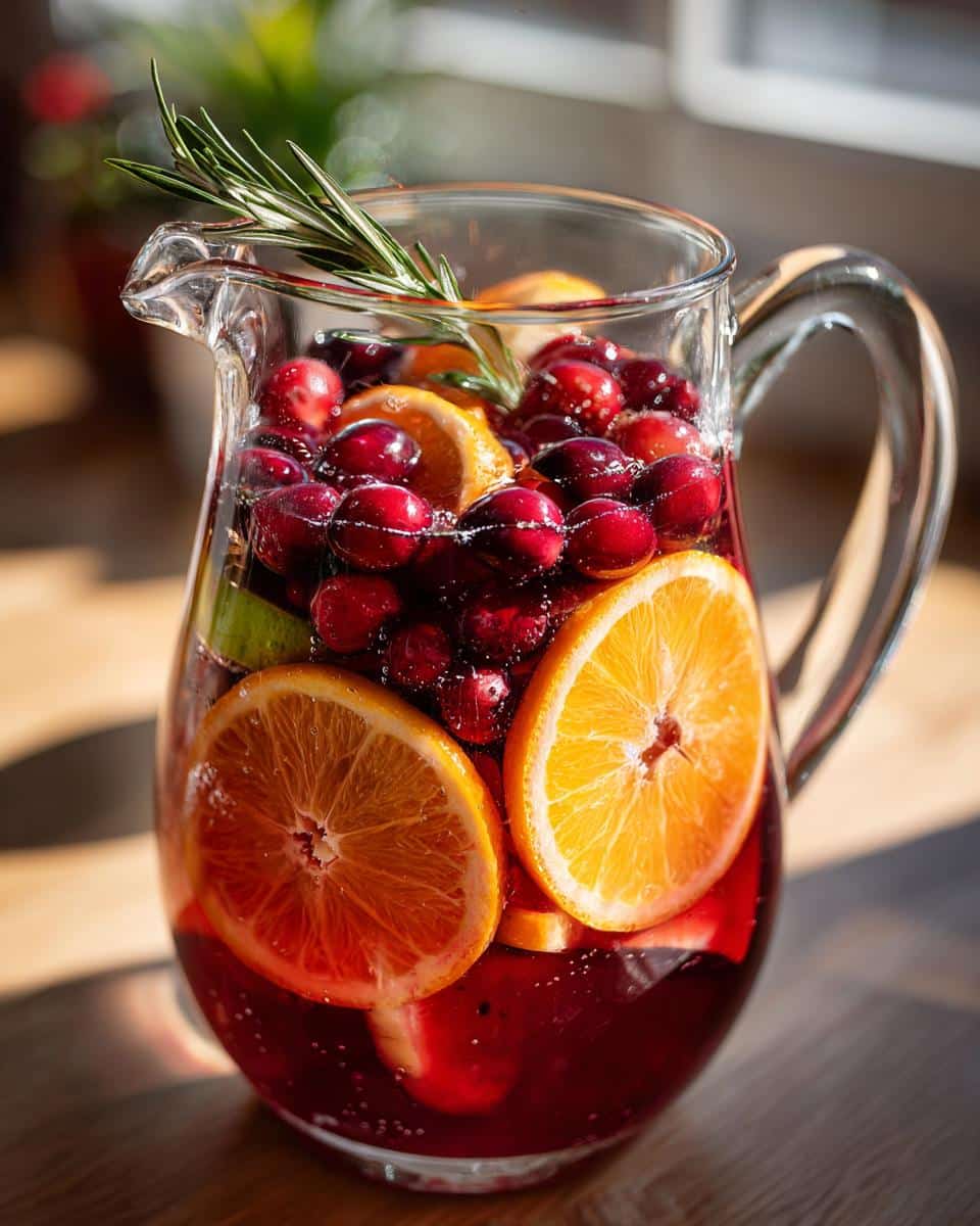 Pitcher of winter mocktail non alcoholic with cranberries, orange slices, and rosemary garnish.