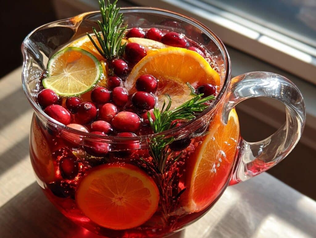 Pitcher of winter mocktails non alcoholic with cranberries, oranges, limes, and rosemary sprigs.