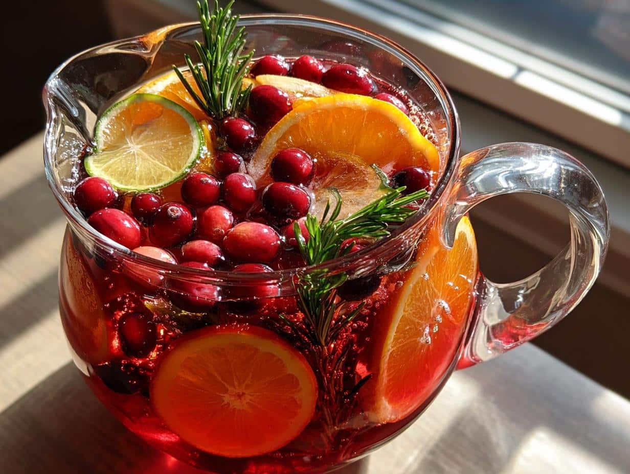 Pitcher of winter mocktails non alcoholic with cranberries, oranges, limes, and rosemary sprigs.