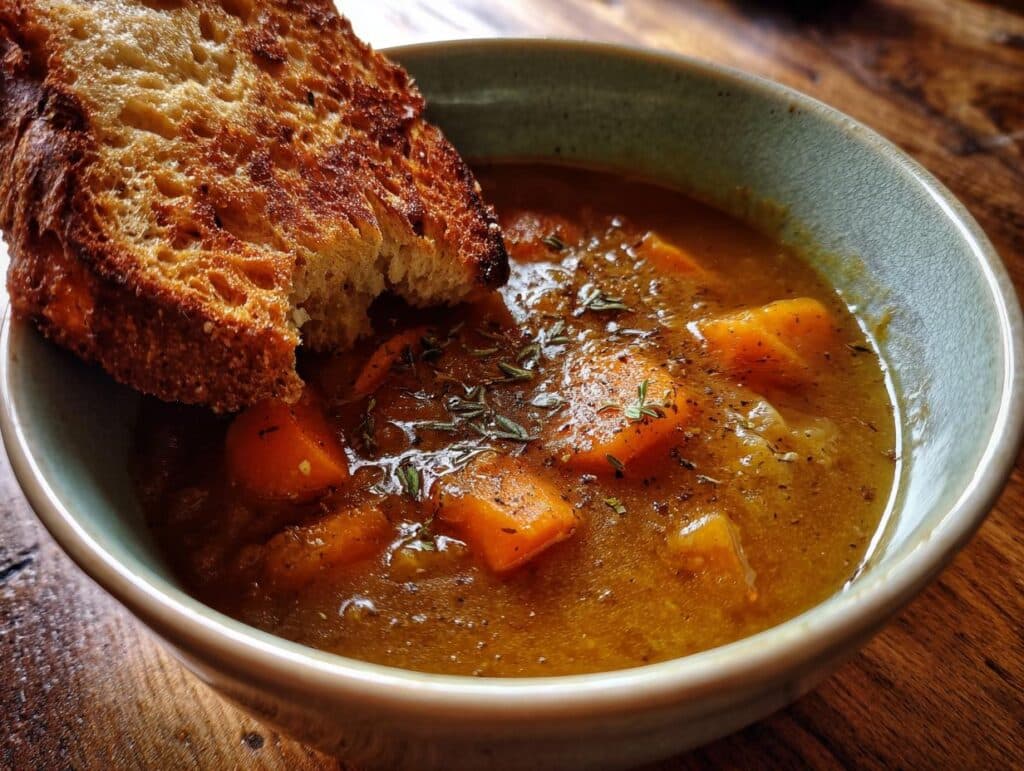 Bowl of winter soup recipe with butternut squash and herbs, served with a slice of toasted bread.