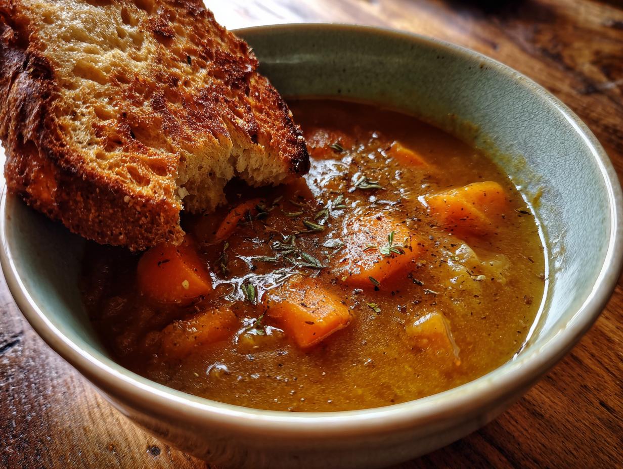 Bowl of winter soup recipe with butternut squash and herbs, served with a slice of toasted bread.
