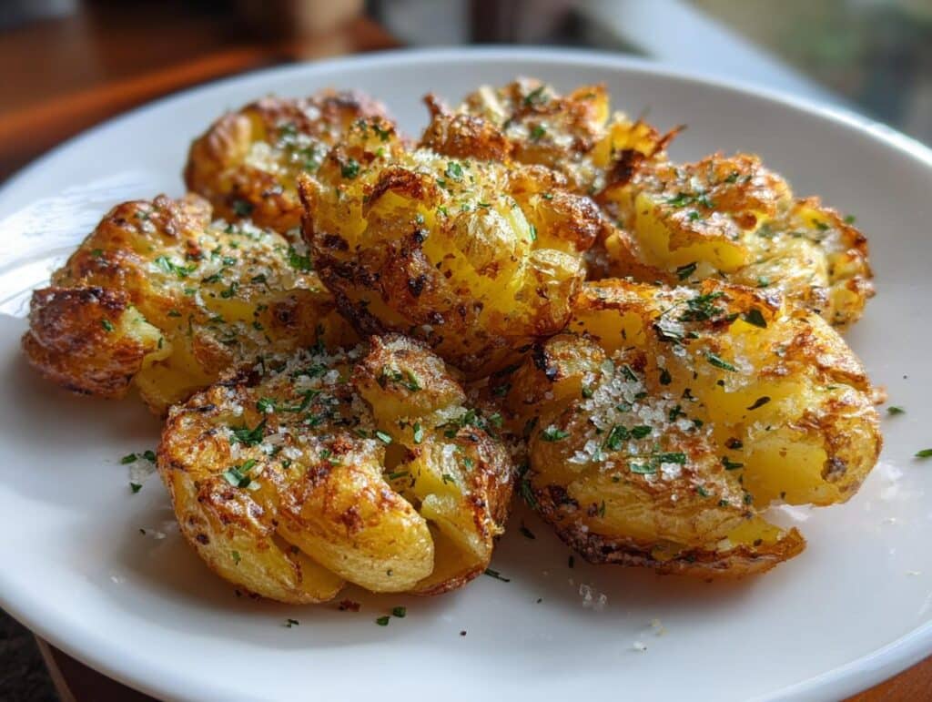 A plate of golden 15-Min Crispy Smashed Potatoes, sprinkled with herbs and salt, ready to be served.
