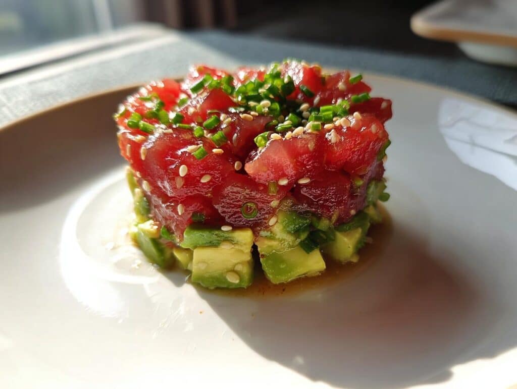 A vibrant 15-Minute Tuna Tartare layered with diced avocado, topped with chives and sesame seeds on a white plate.