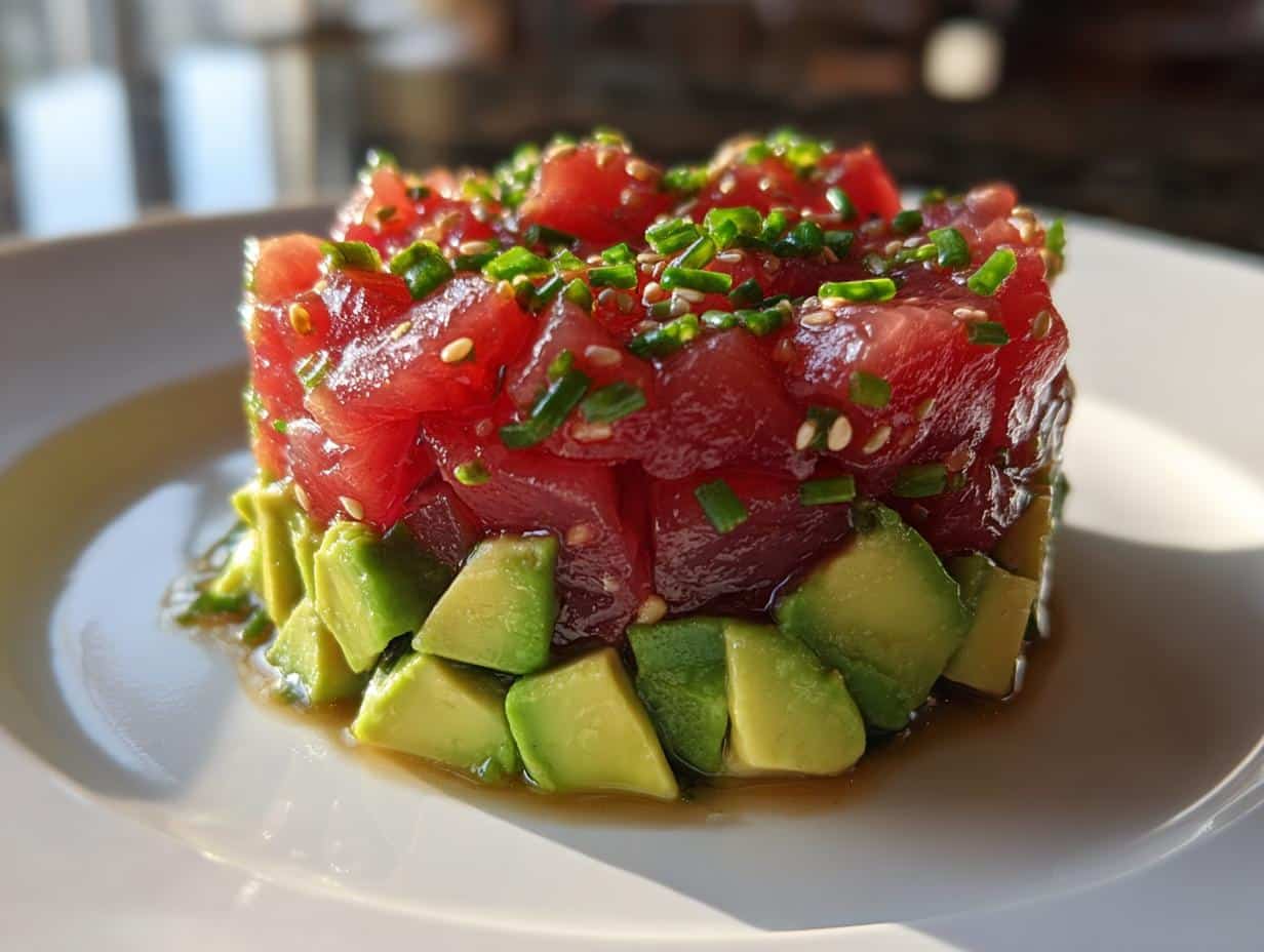A close-up of a beautifully plated 15-Minute Tuna Tartare, featuring diced red tuna, green avocado, chives, and sesame seeds.