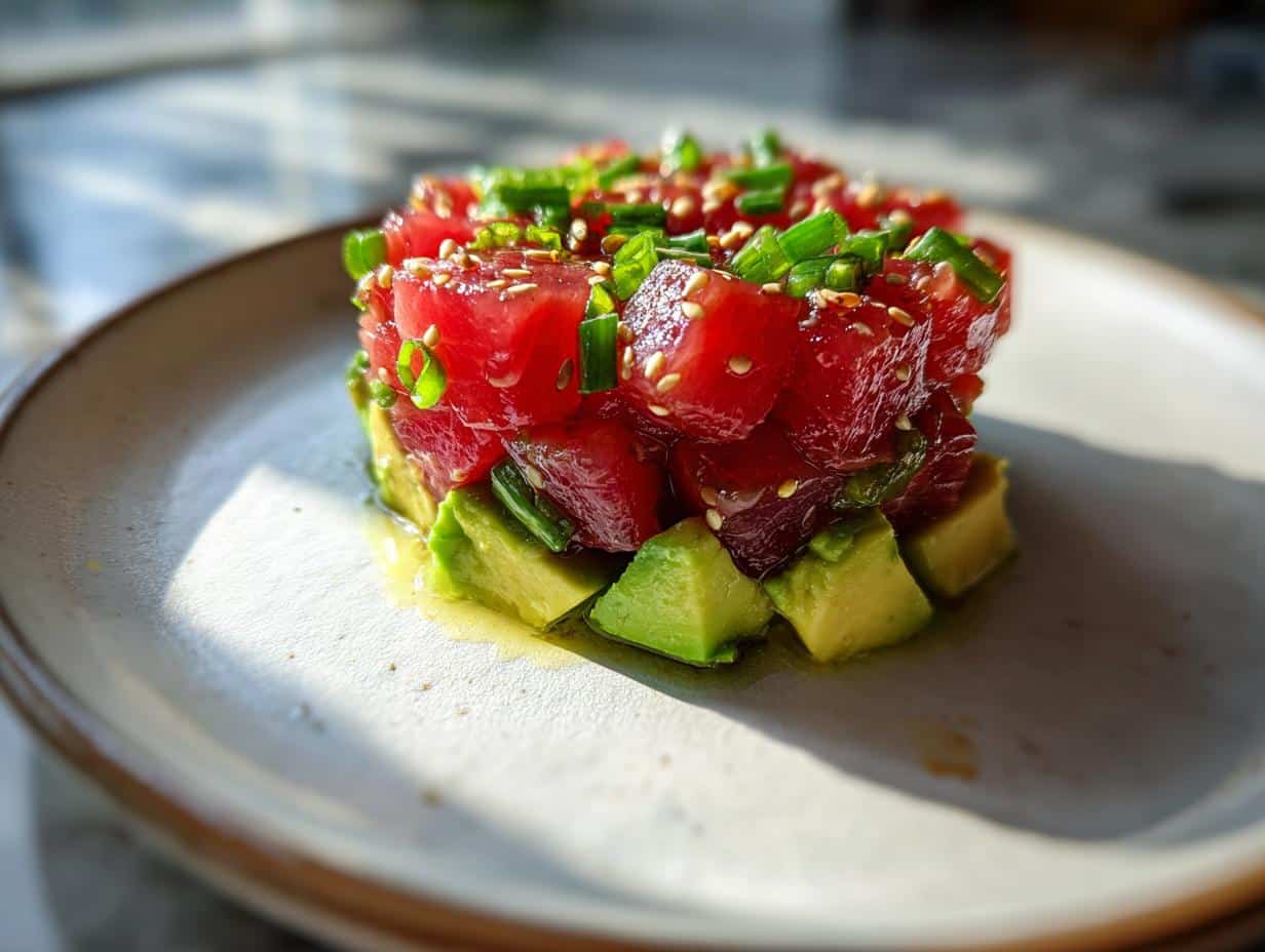 Close-up of a vibrant 15-Minute Tuna Tartare with diced tuna, avocado, sesame seeds, and chives on a plate.
