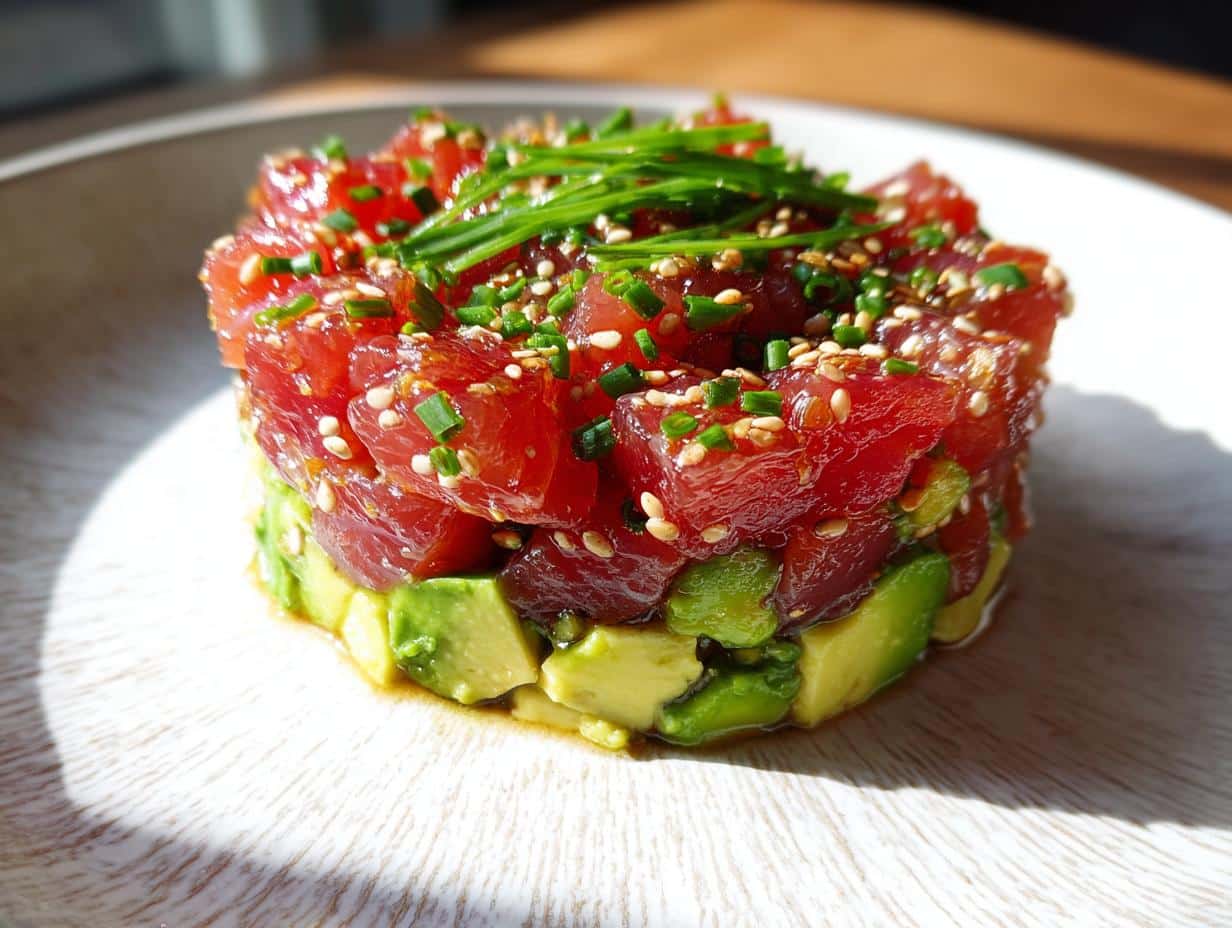 A beautifully plated 15-Minute Tuna Tartare, layered with diced avocado and topped with chives and sesame seeds.