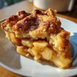 Close-up of a golden-brown slice of 3-Ingredient Apple Pie Dump Cake on a white plate, showing chunky apple filling.