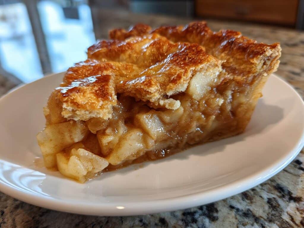 A close-up of a golden-brown slice of 3-Ingredient Apple Pie Dump Cake on a white plate, showing the apple filling.