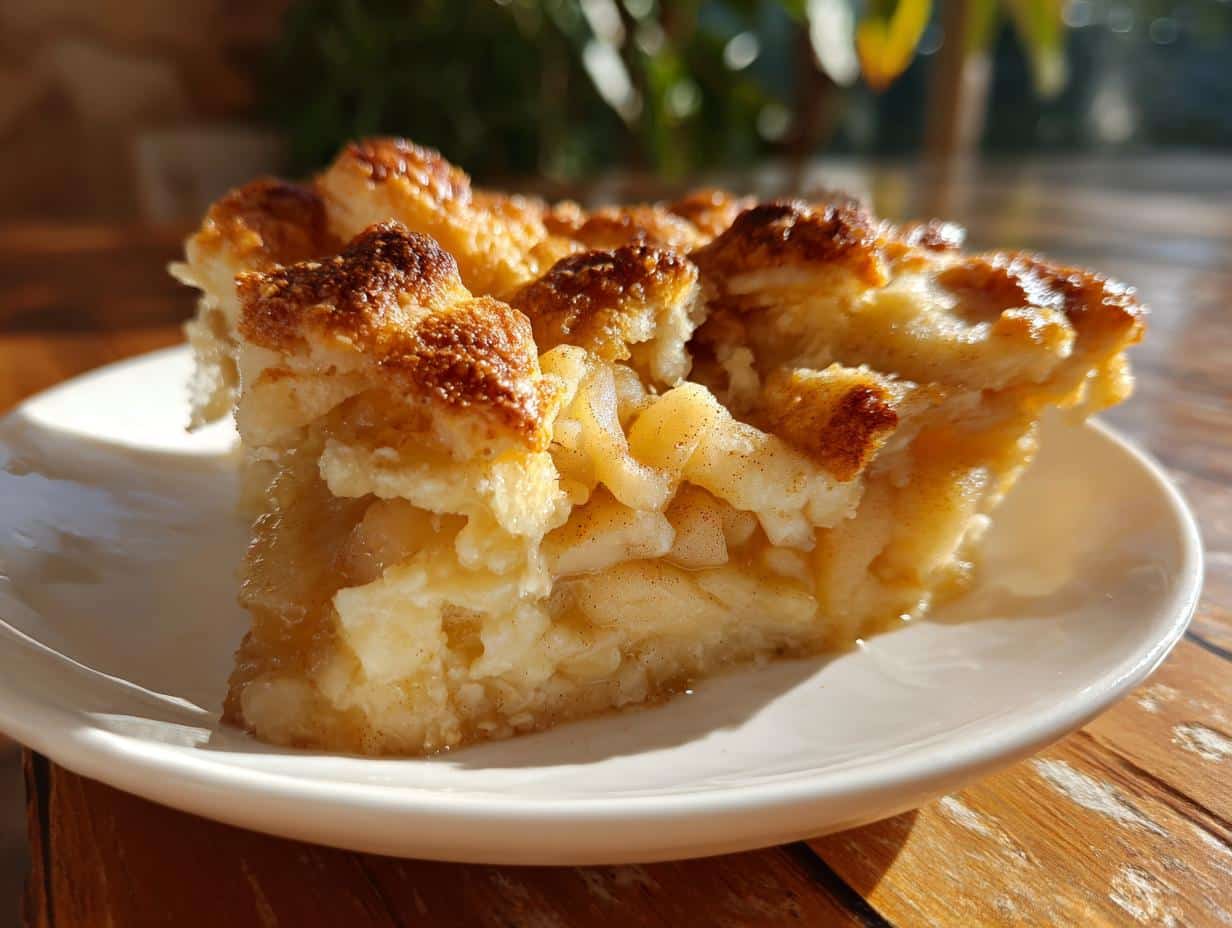 A close-up of a golden-brown slice of 3-Ingredient Apple Pie Dump Cake on a white plate, showing apple chunks and crumbly topping.