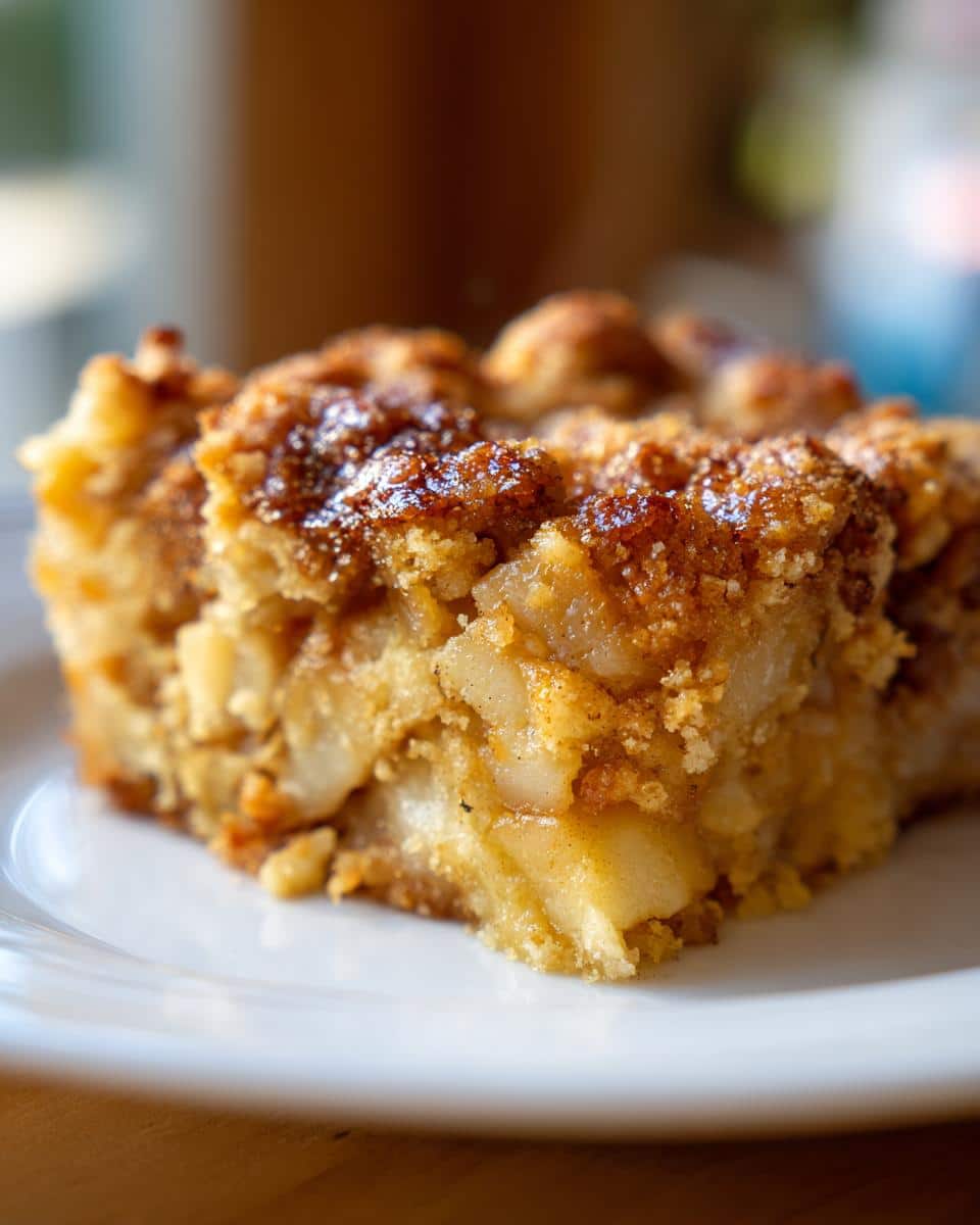 A close-up of a golden-brown slice of 3-Ingredient Apple Pie Dump Cake on a white plate, showing the apple chunks and crumbly topping.
