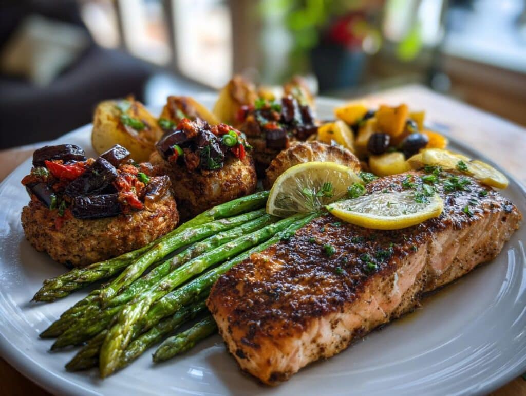 A beautifully plated dish showcasing the "6 Foods 6 Ways" plating technique with salmon, asparagus, and other sides.