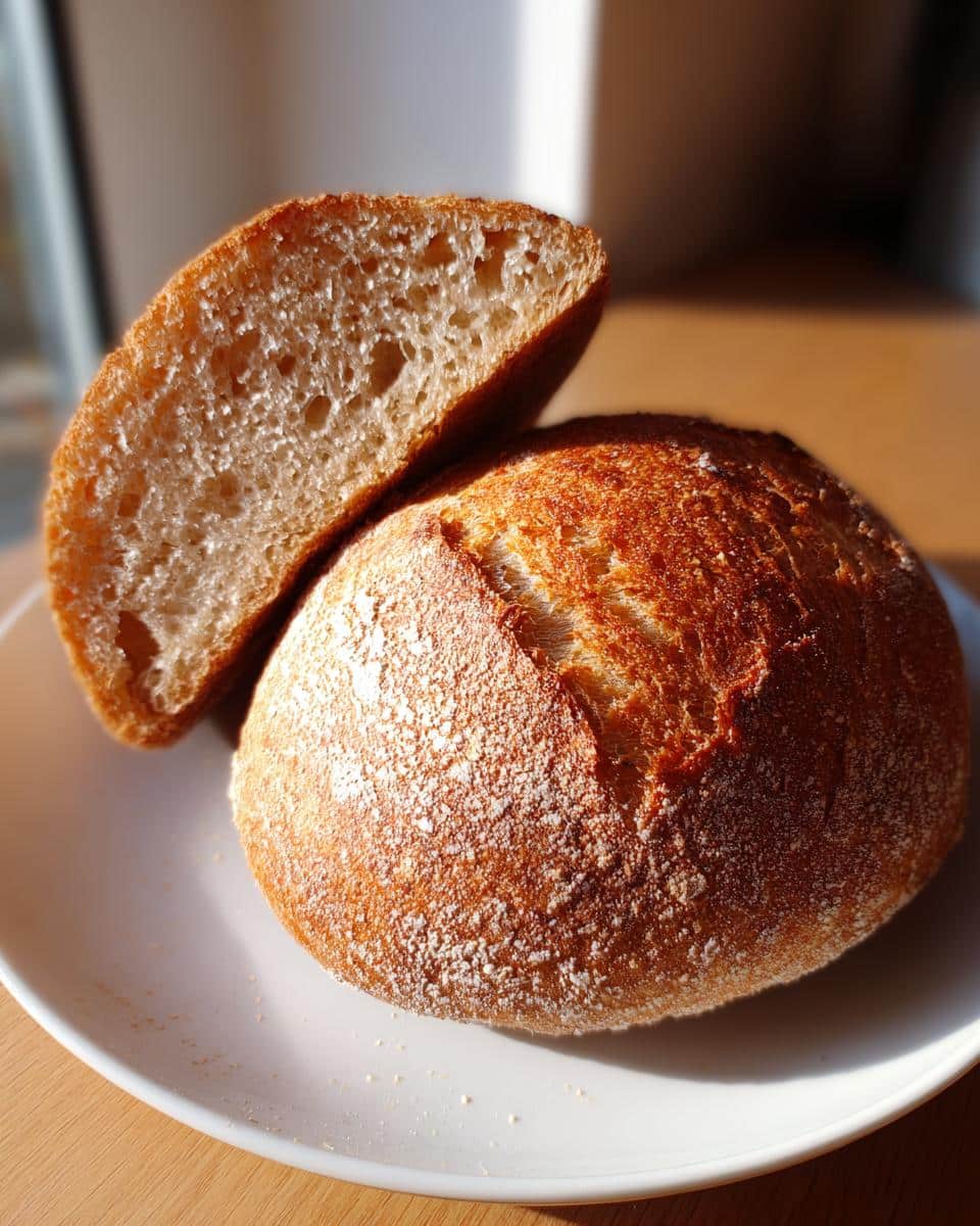 A whole, golden-brown 6-Ingredient Gluten Free Bread Roll on a white plate, with one half cut open to show its airy texture.