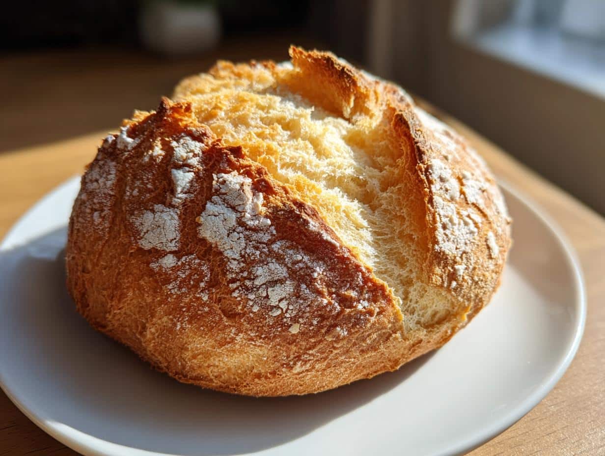A golden brown, crusty 6-Ingredient Gluten Free Bread Roll on a white plate, dusted with flour.