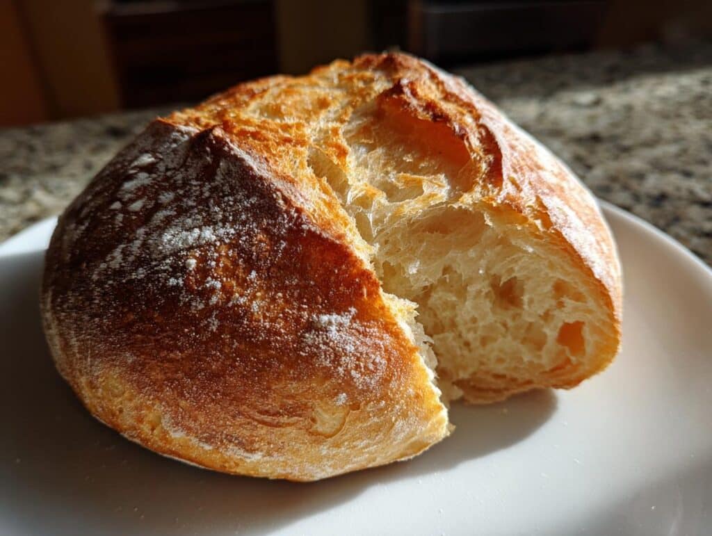 Close-up of a golden-brown 6-Ingredient Gluten Free Bread Roll, split open to show its soft, airy interior, on a white plate.