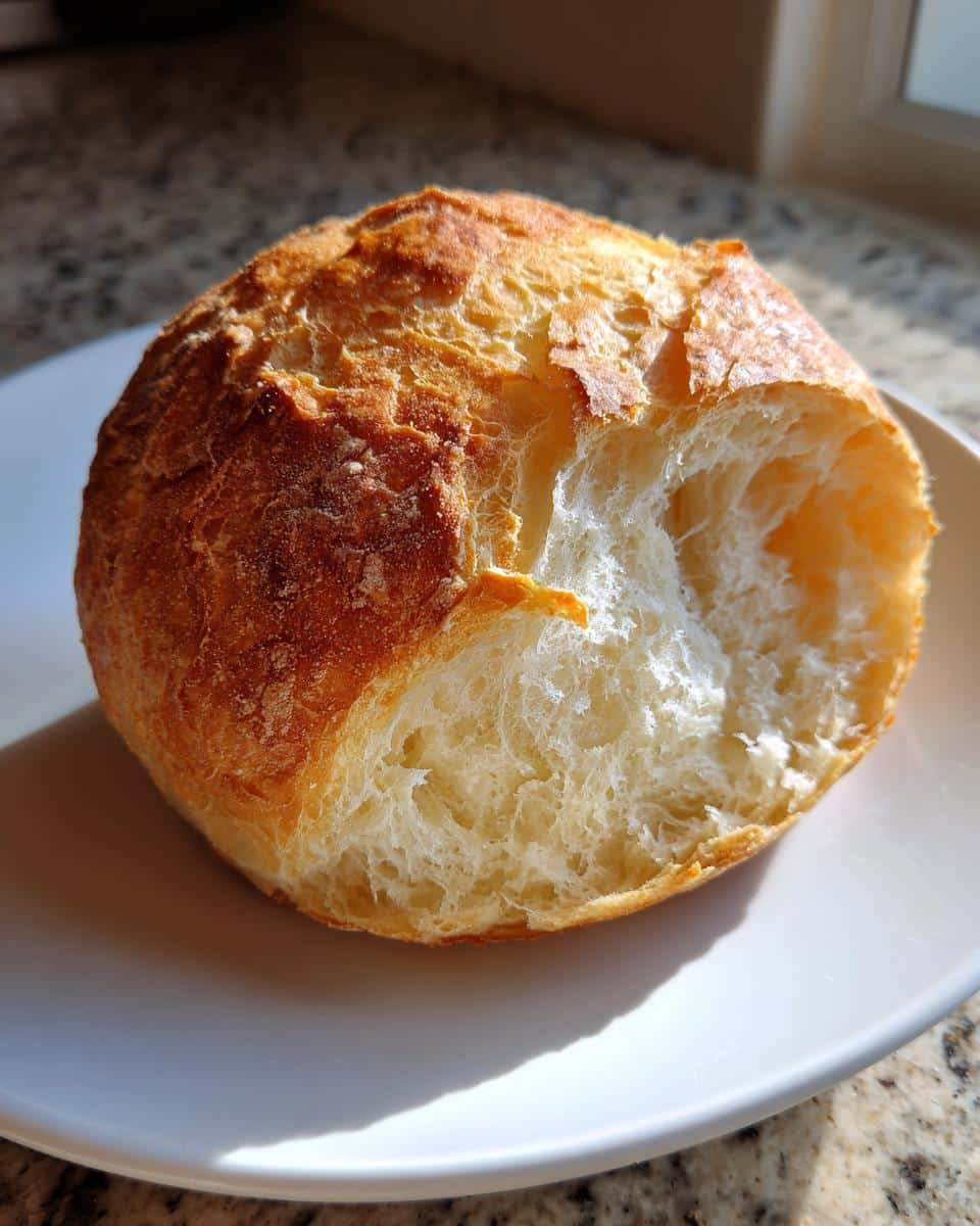 A single, golden-brown 6-Ingredient Gluten Free Bread Roll on a white plate, torn open to show its soft, fluffy interior.