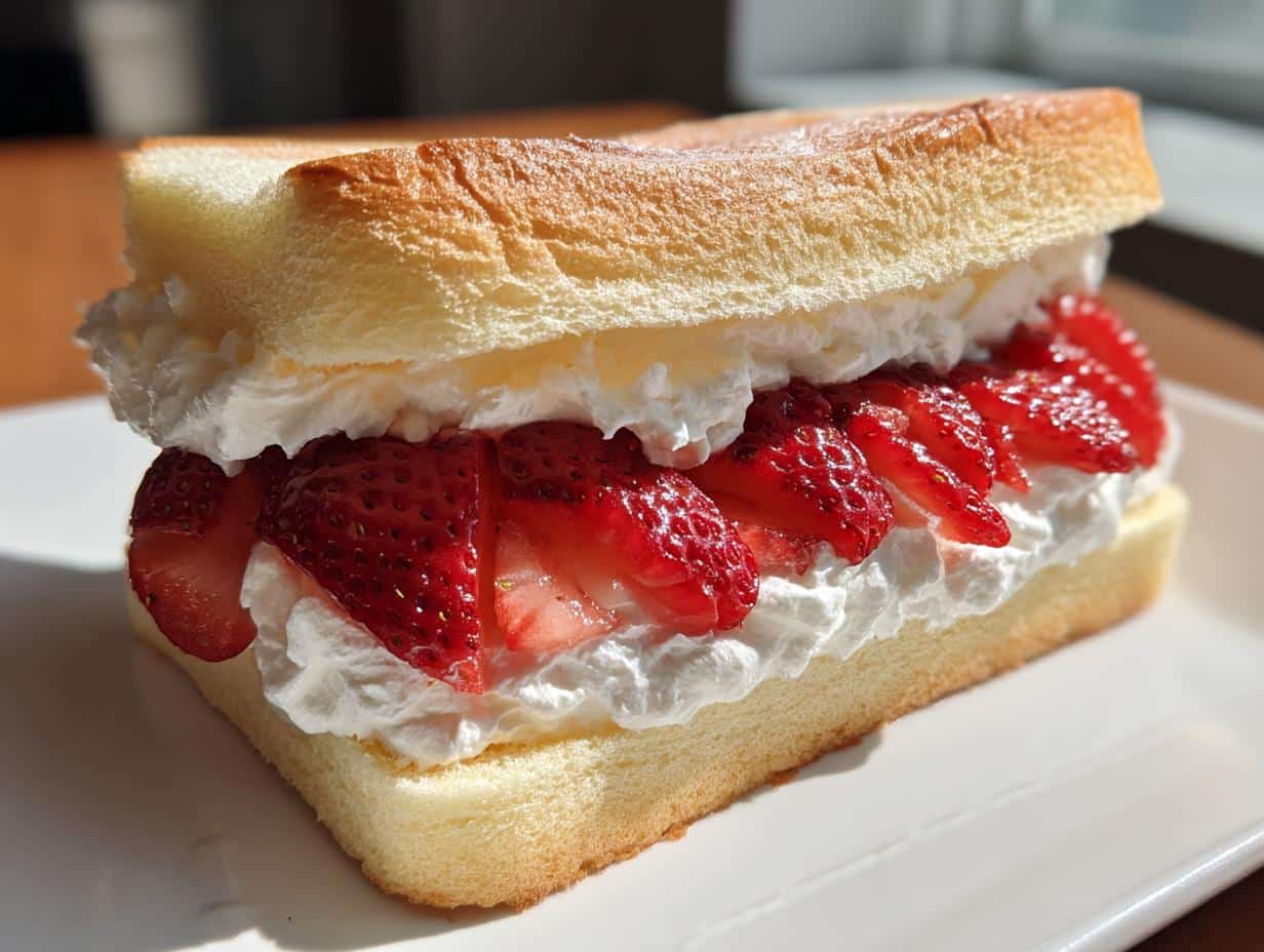 Close-up of a homemade 7-Eleven Strawberry Sando with fresh strawberries and whipped cream between slices of soft bread.