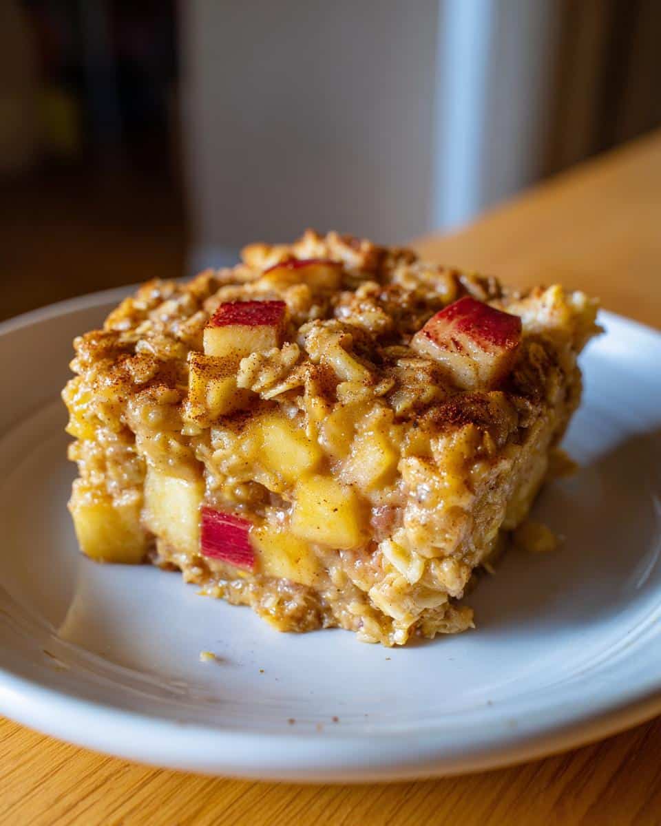 A close-up of a single slice of Apple Cinnamon Baked Oatmeal on a white plate, showing oats, diced apples, and cinnamon.