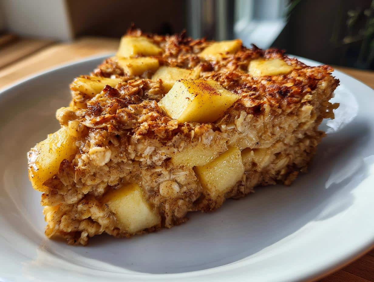 A close-up of a generous slice of Apple Cinnamon Baked Oatmeal on a white plate, topped with diced apples and cinnamon.
