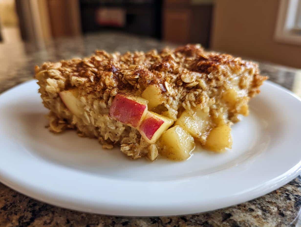 A close-up of a delicious slice of Apple Cinnamon Baked Oatmeal on a white plate, showing chunks of apple and a sprinkle of cinnamon.