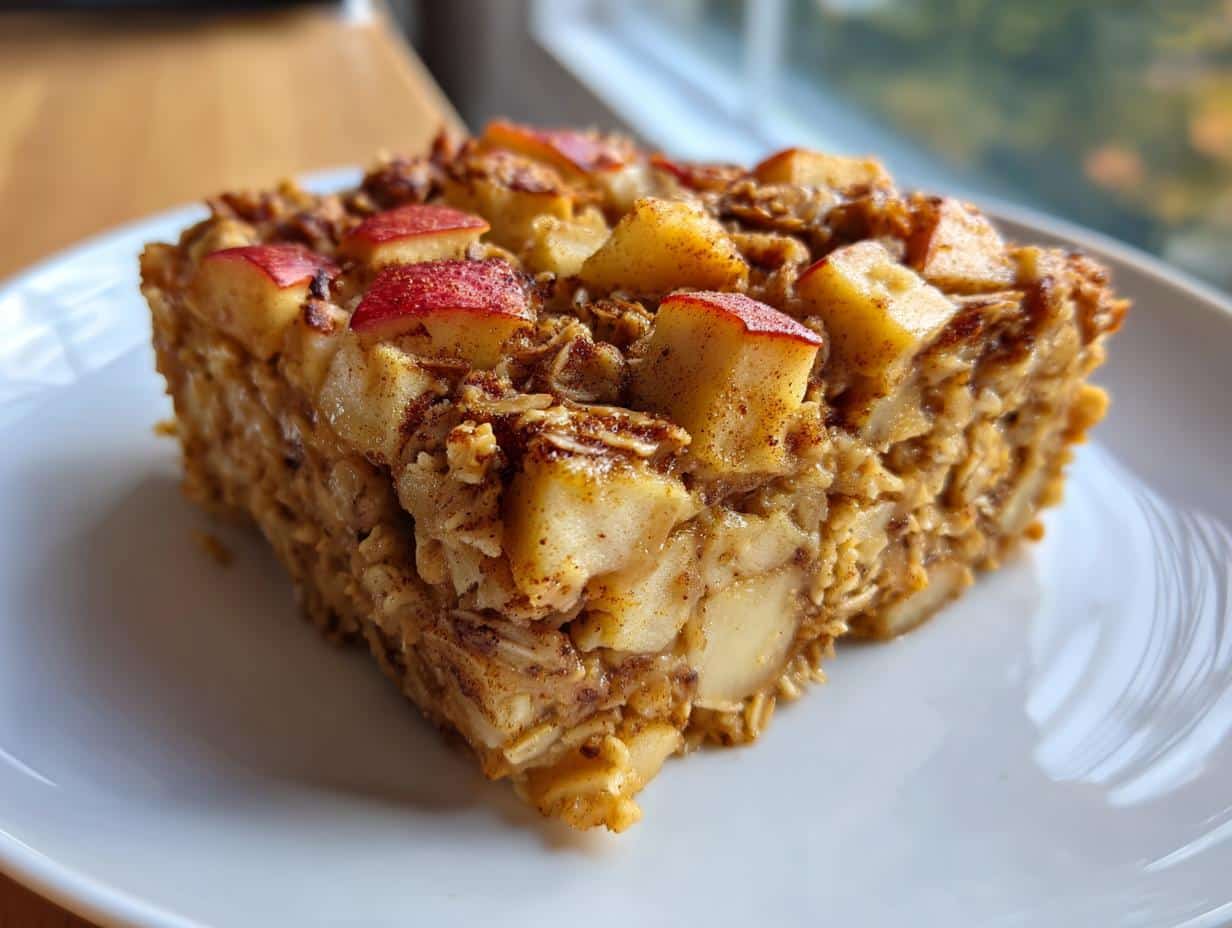 A close-up of a square slice of Apple Cinnamon Baked Oatmeal on a white plate, topped with diced red apples and cinnamon.