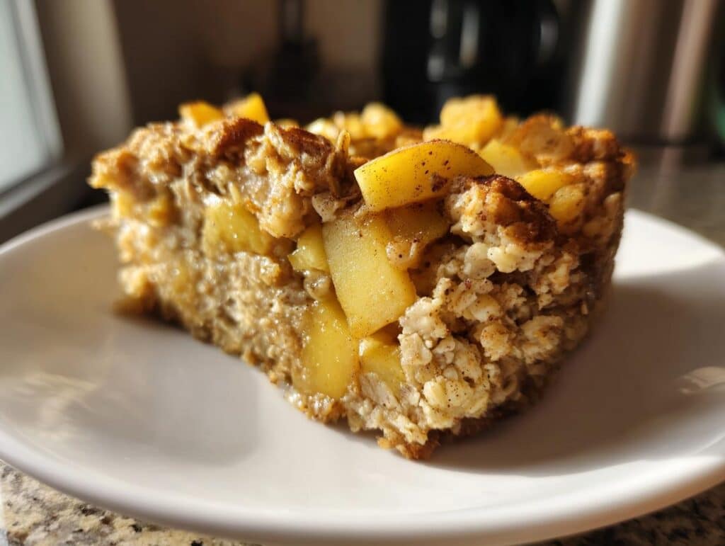 A close-up shot of a single slice of Apple Cinnamon Baked Oatmeal on a white plate, showing chunks of apple and cinnamon.