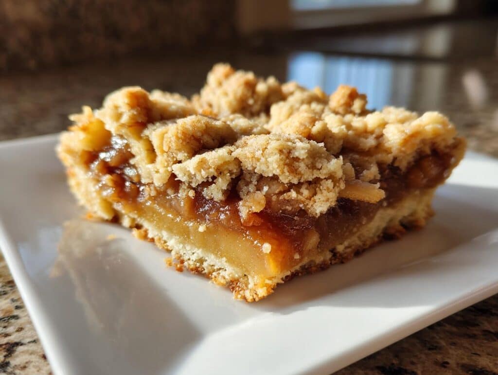 A close-up shot of a single Apple Crisp Bar on a white plate, showing the golden-brown crumble topping and gooey apple filling.
