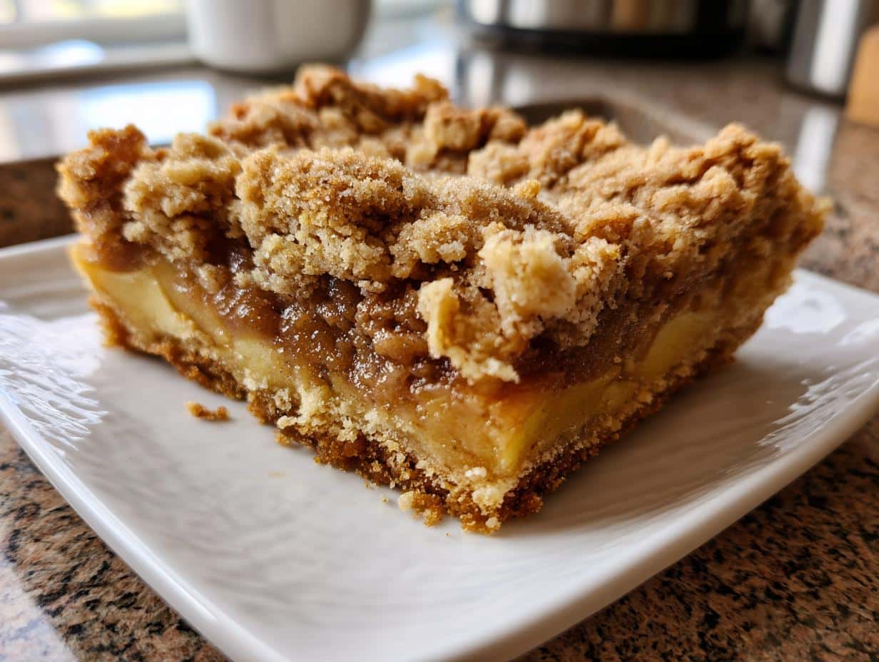 A close-up shot of a single Apple Crisp Bar on a white plate, showing the crumbly topping and apple filling.