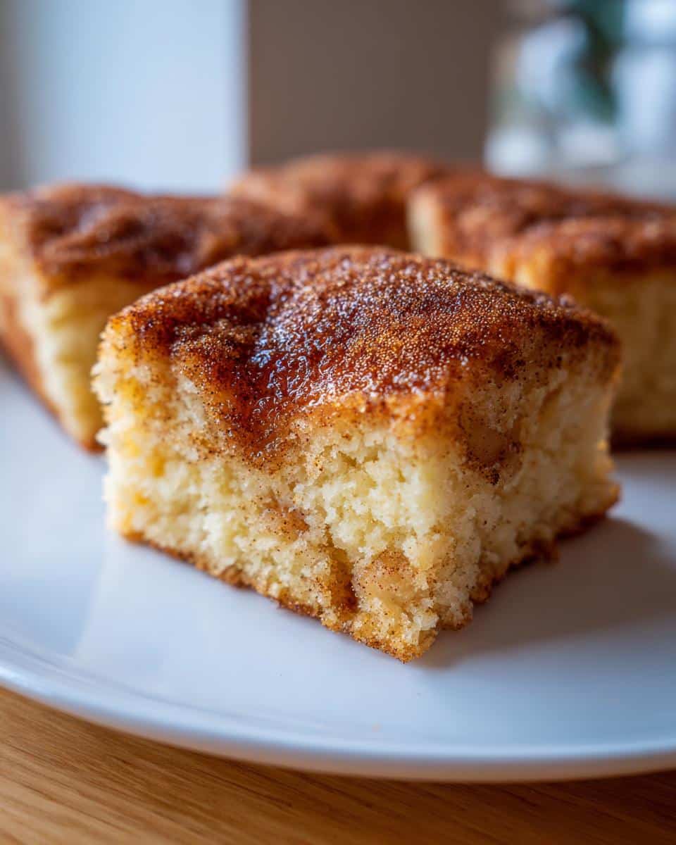 A close-up of a single Apple Snickerdoodle Bar on a white plate, showing the cinnamon sugar topping and moist texture.