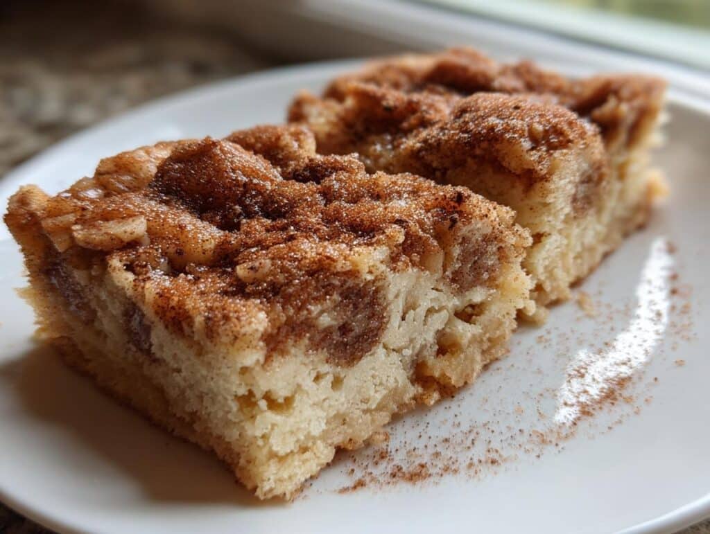 Two delicious Apple Snickerdoodle Bars on a white plate, topped with a generous sprinkle of cinnamon sugar.