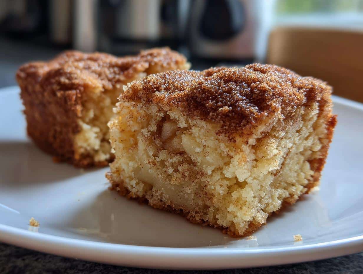 Two pieces of Apple Snickerdoodle Bars on a white plate, showing the cinnamon sugar topping and apple chunks.