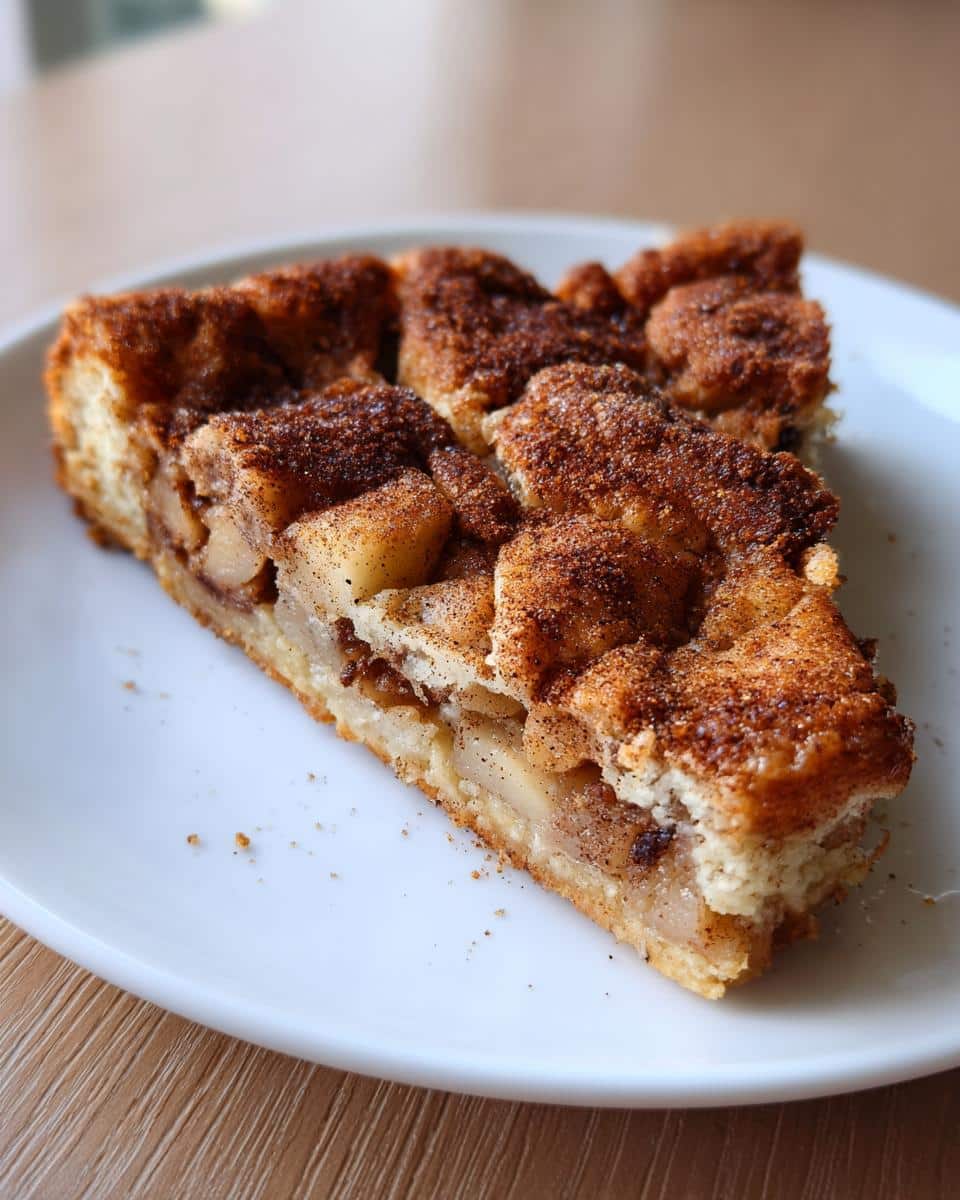 A close-up of a single slice of Apple Snickerdoodle Bars on a white plate, showing the cinnamon sugar topping and apple chunks.