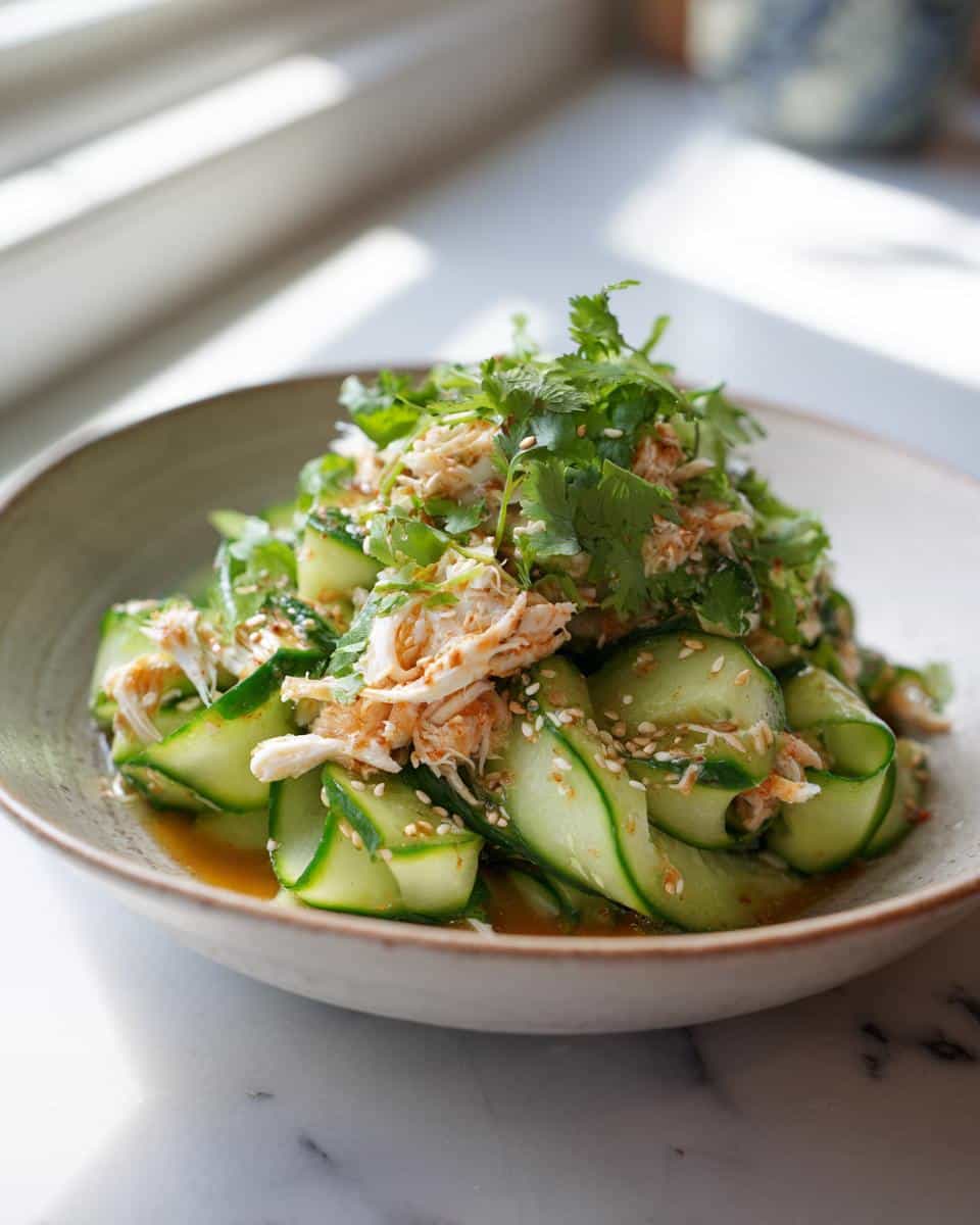 A close-up of a bowl of fresh asian cucumber salad with crab meat, garnished with cilantro and sesame seeds.