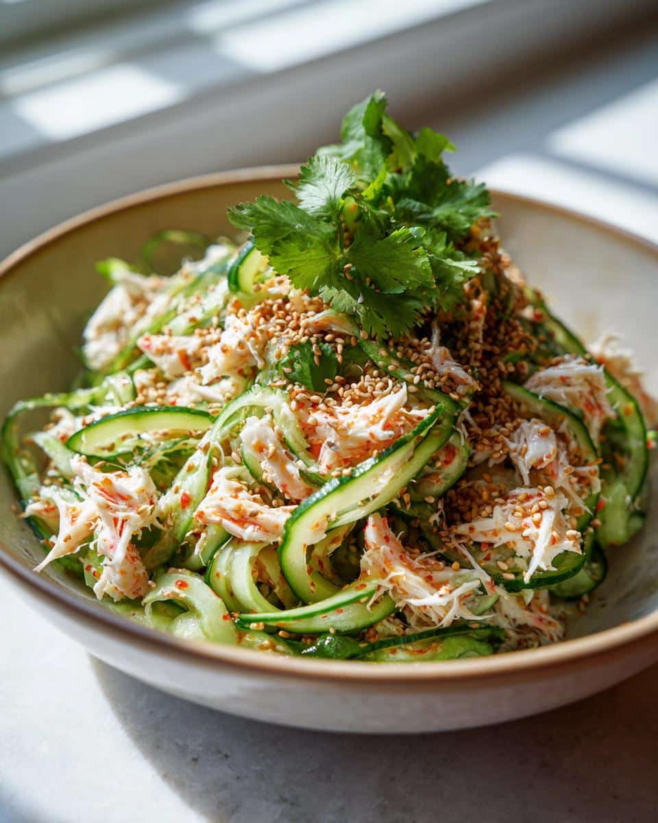 A vibrant bowl of Asian cucumber salad with crab meat, garnished with fresh cilantro and sesame seeds.