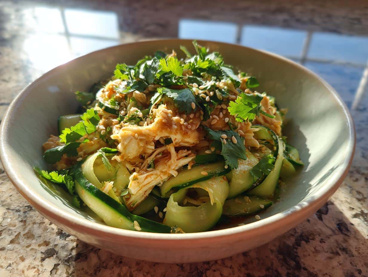 A vibrant bowl of Asian cucumber salad with crab meat, garnished with fresh cilantro and sesame seeds.