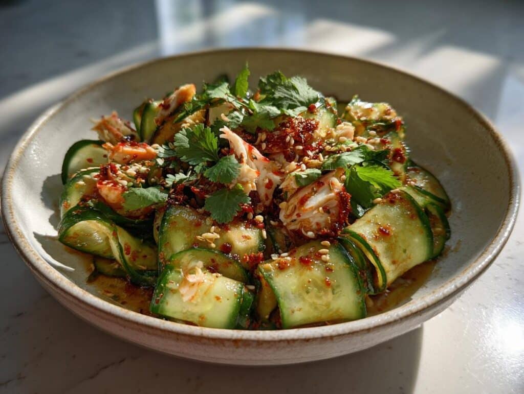 A close-up of a bowl of Asian cucumber salad with crab meat, garnished with cilantro, sesame seeds, and chili oil.