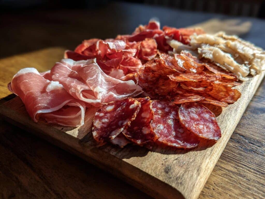 A close-up of various charcuterie board meats, including prosciutto, salami, and other cured meats, on a wooden board.