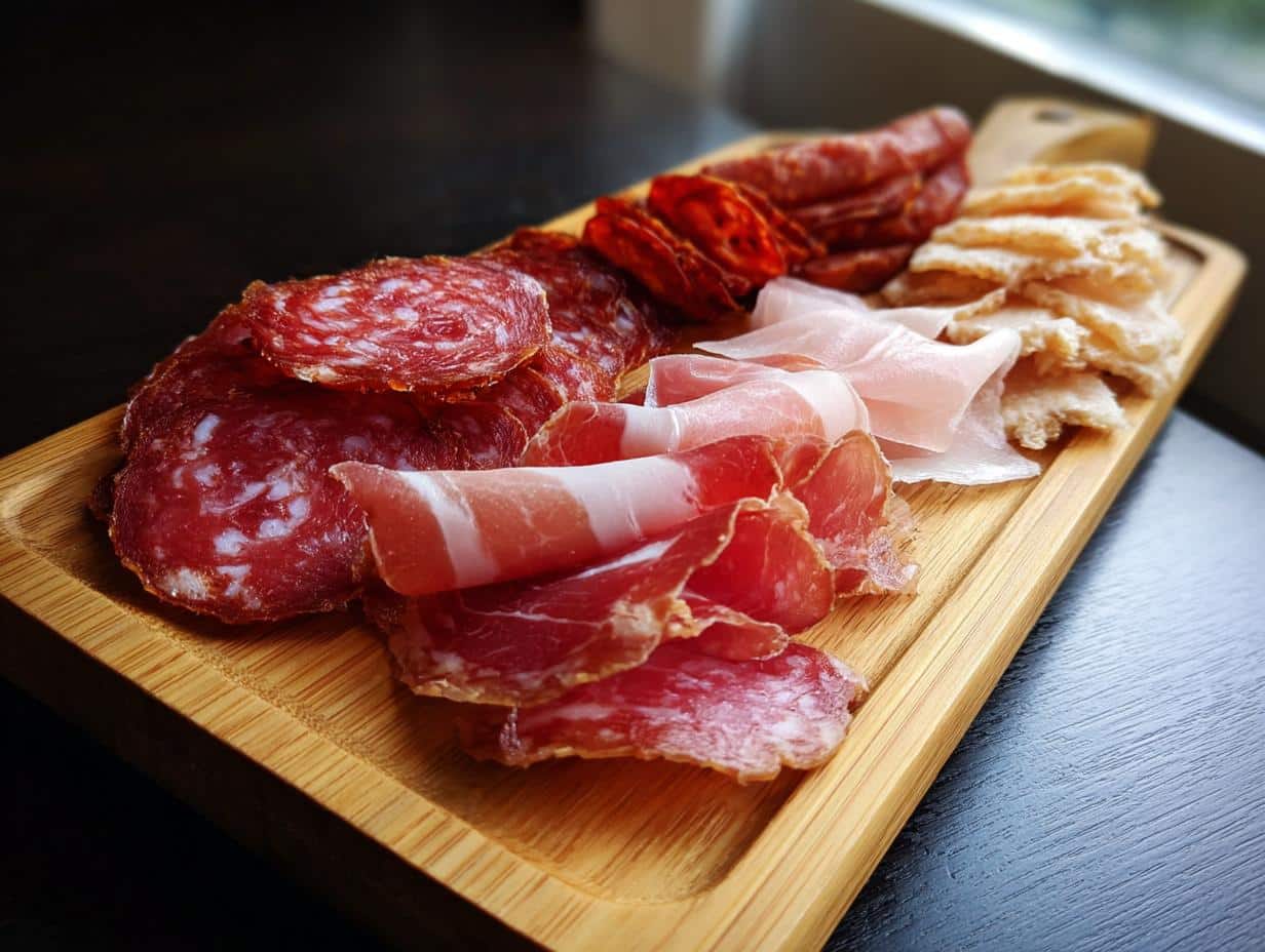 A close-up of a wooden charcuterie board featuring various charcuterie board meats like salami, prosciutto, and other cured slices.
