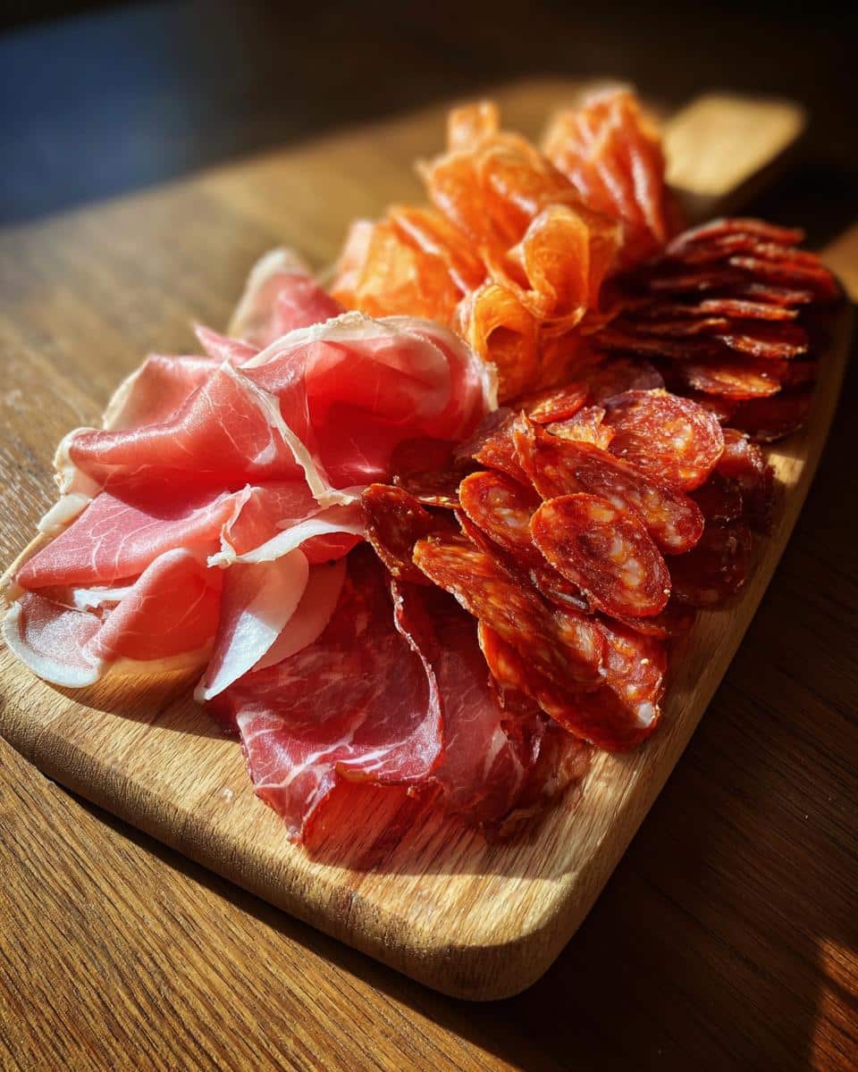 Close-up of various charcuterie board meats including prosciutto, salami, and coppa, arranged on a wooden serving board.