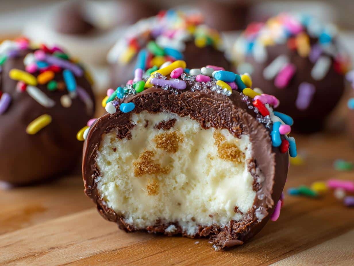 A close-up of a Baileys Cheesecake Ball cut in half, showing the creamy white filling with cookie crumbs and chocolate coating with colorful sprinkles.