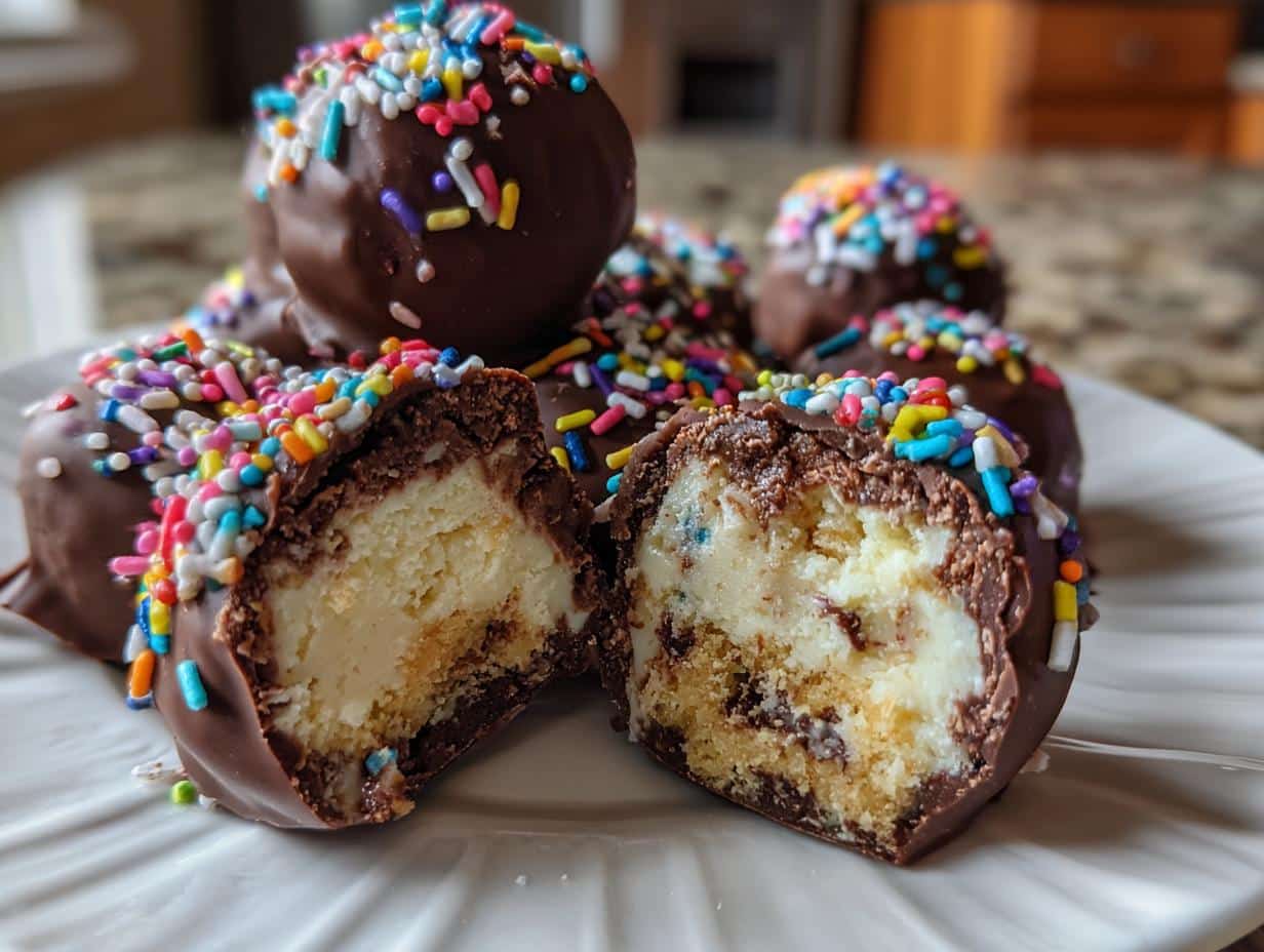 A close-up of a Baileys Cheesecake Ball cut in half, revealing the creamy cheesecake filling and chocolate coating with colorful sprinkles.