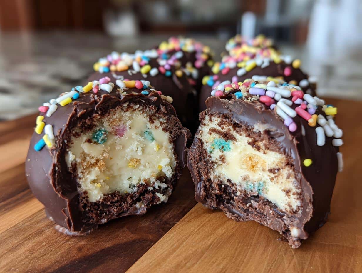 A close-up of a Baileys Cheesecake Ball cut in half, revealing the creamy cheesecake filling and colorful sprinkles.