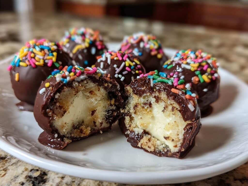 A close-up of Baileys Cheesecake Balls, one cut in half revealing creamy filling and cookie crust, topped with colorful sprinkles.