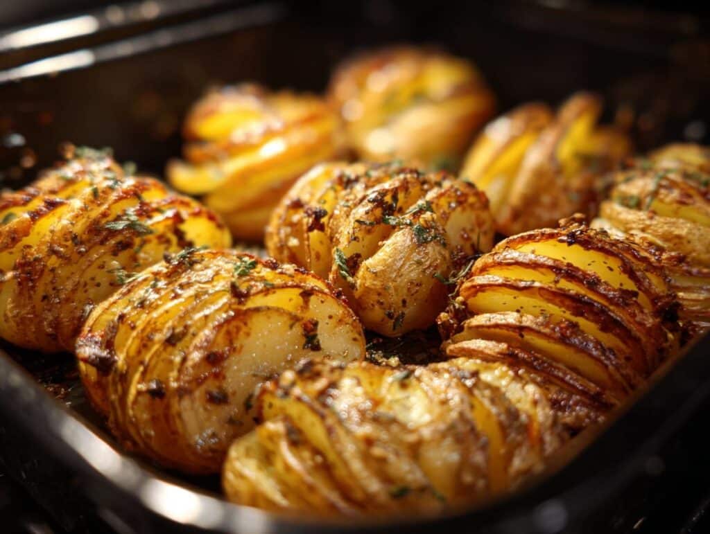Close-up of baked accordion potatoes seasoned with herbs, arranged on a baking sheet.