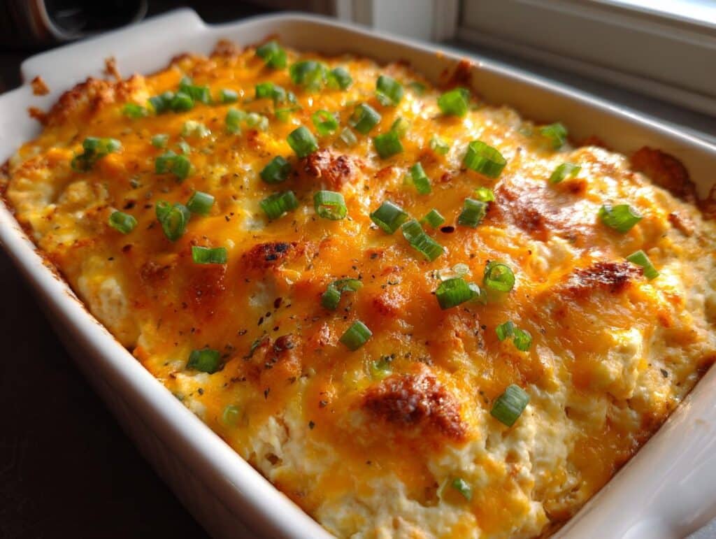 A close-up of a bubbly, golden-brown buffalo chicken dip canned chicken in a white baking dish, topped with fresh green onions.