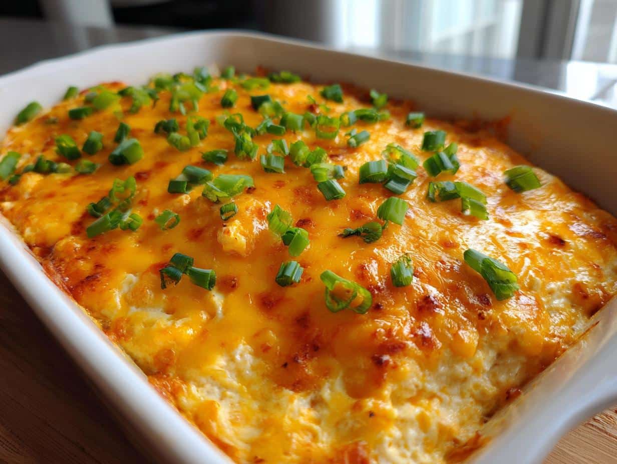 Close-up of a hot, bubbly buffalo chicken dip canned chicken, topped with melted cheddar cheese and fresh green onions in a white baking dish.