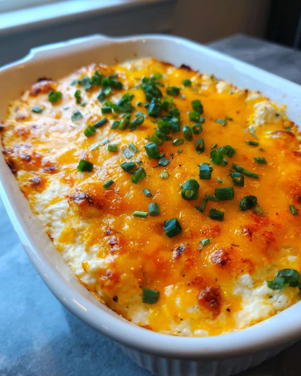 Close-up of a baked buffalo chicken dip canned chicken in a white dish, topped with melted cheddar cheese and green onions.