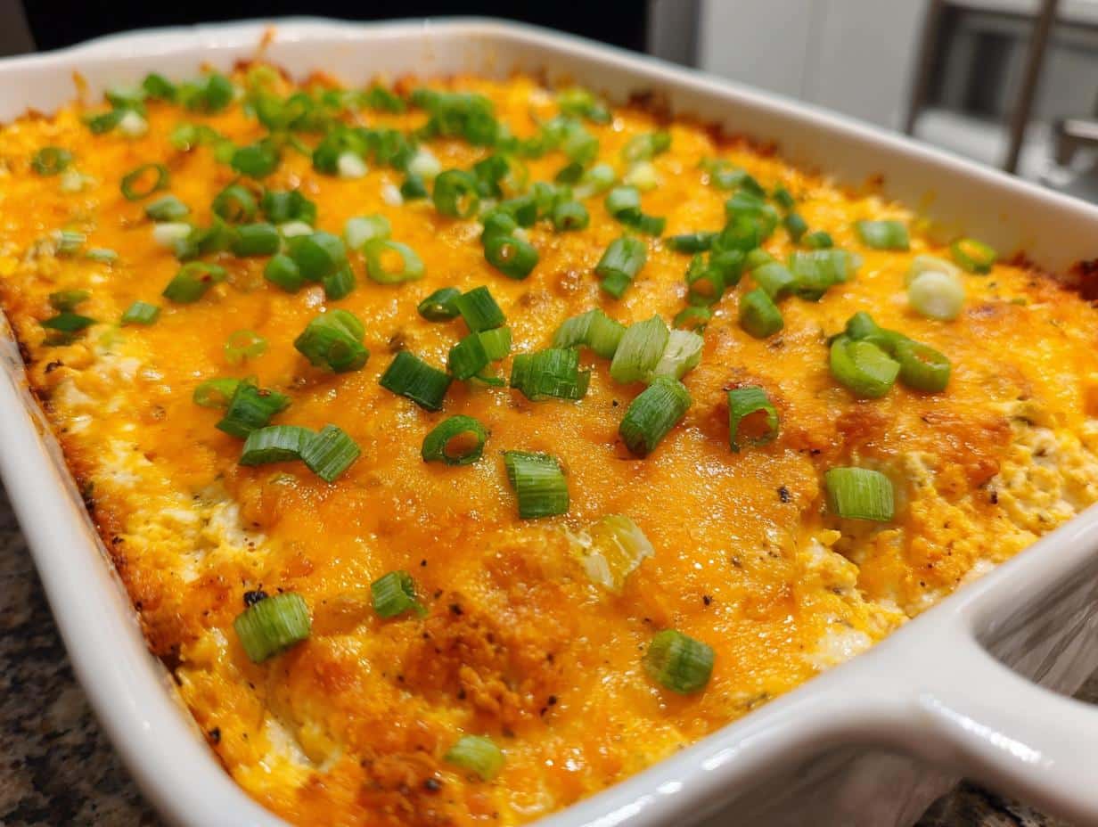Close-up of a baked buffalo chicken dip canned chicken in a white dish, topped with melted cheddar cheese and green onions.