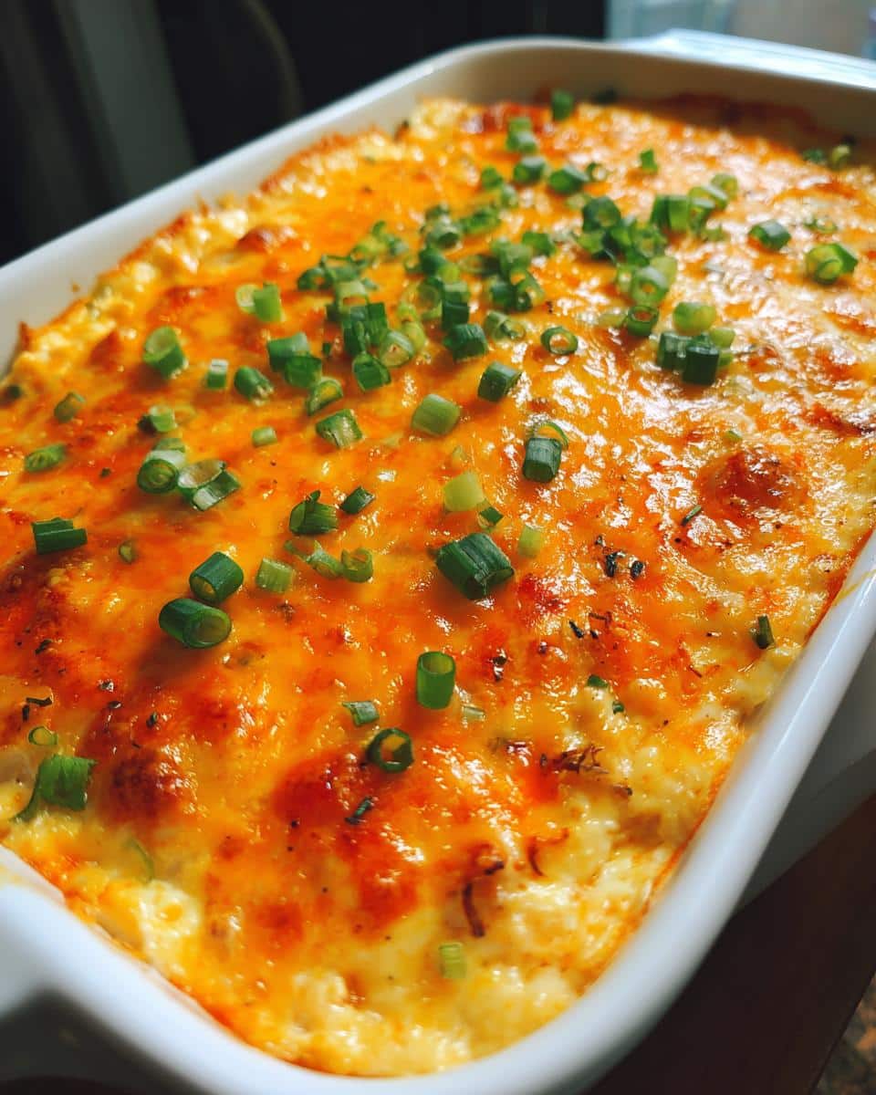 Close-up of a hot, bubbly buffalo chicken dip canned chicken, topped with melted cheese and fresh green scallions in a white baking dish.